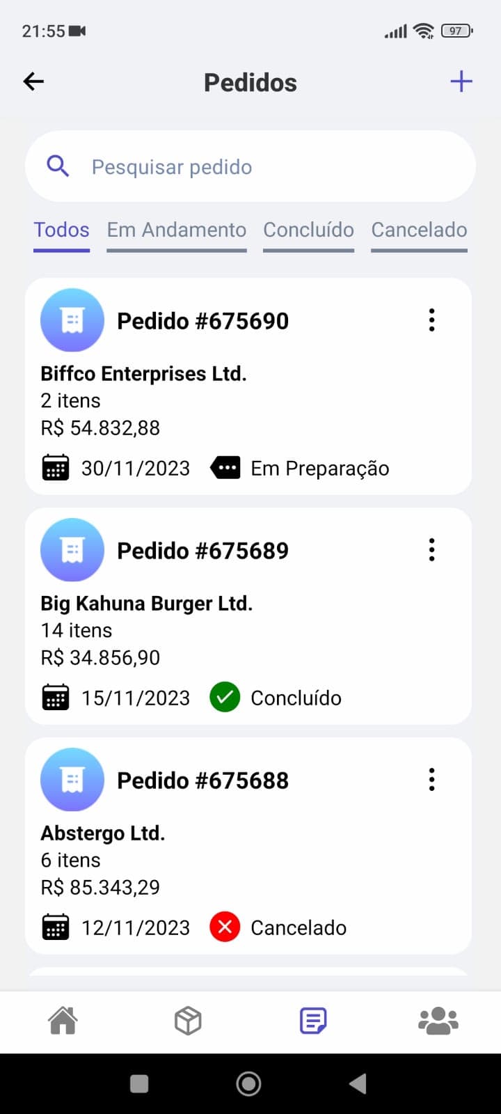 App de Vendas - Tri Connect Tela do aplicativo Força de Vendas mostrando lista de pedidos